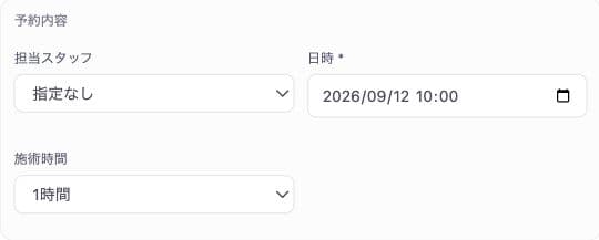 担当スタッフ、日時、施術時間の入力欄