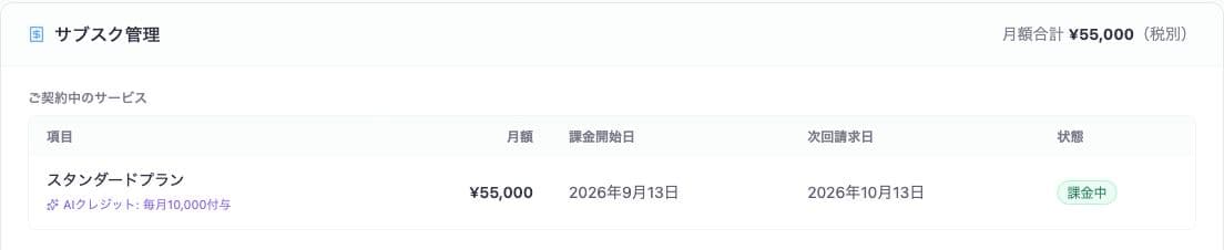 プラン・請求のサブスク管理にサンプルのプラン名、課金中の状態、次回請求を表示した画面。
