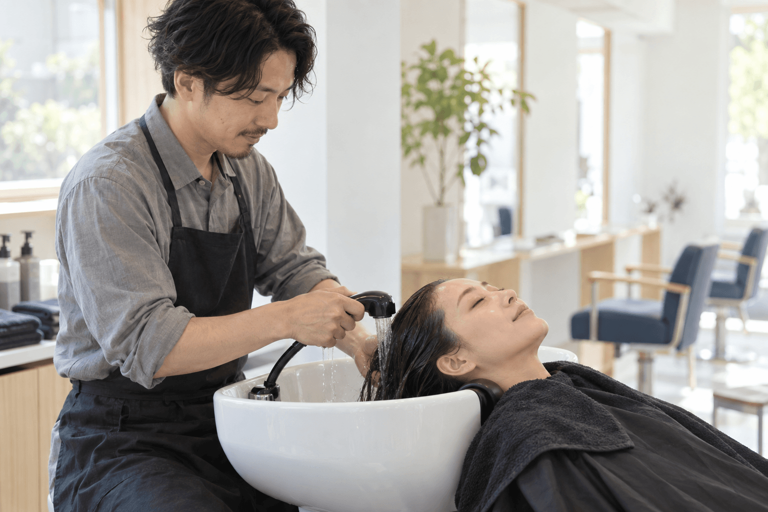 シャンプー台でお客様の髪をケアする美容師