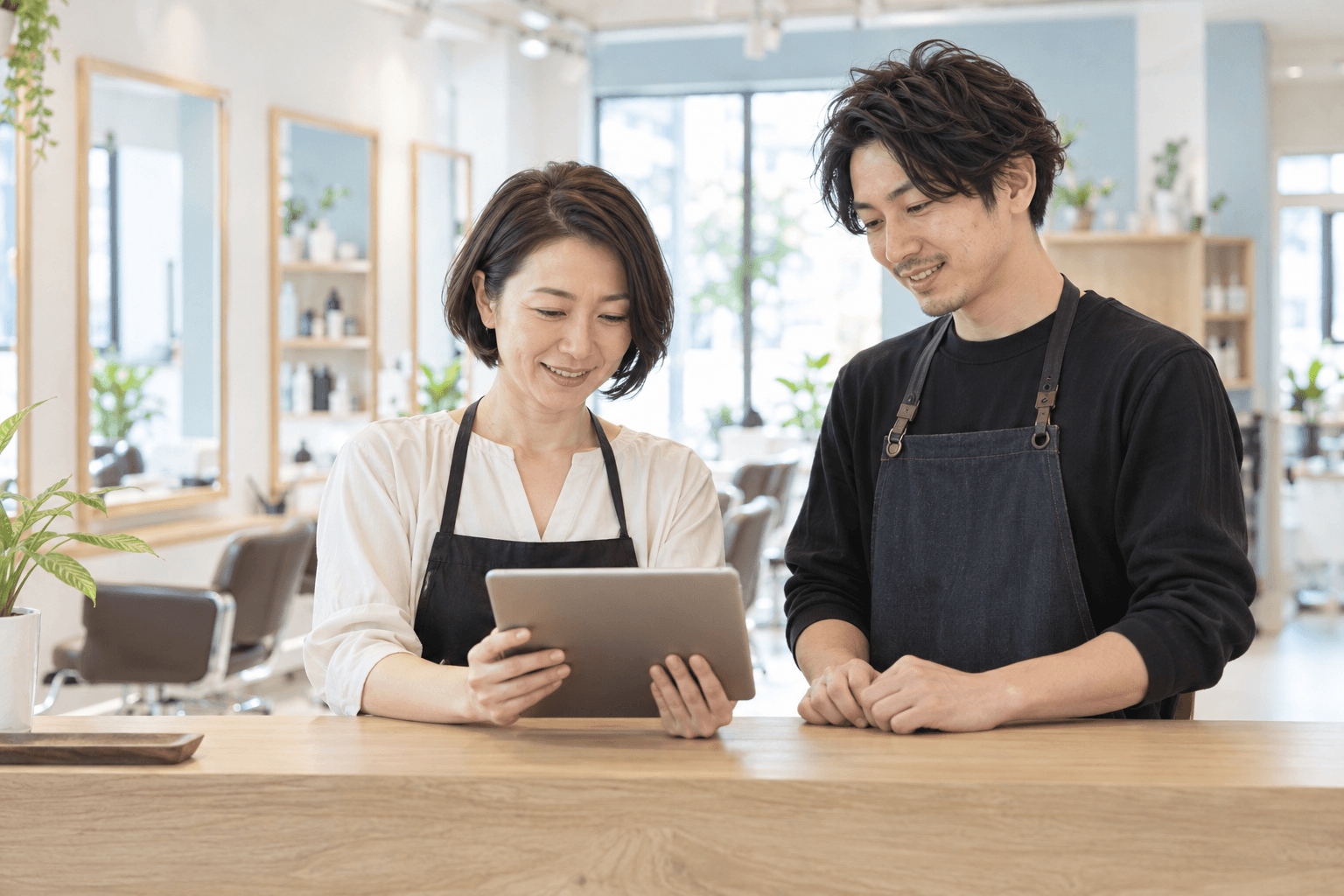 サロンのカウンターでタブレットを確認する2人のスタッフ